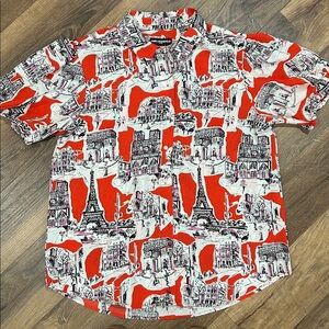 Karl Lagerfeld Women's Printed Bungee-Sleeve Short Shirt size L  button Up